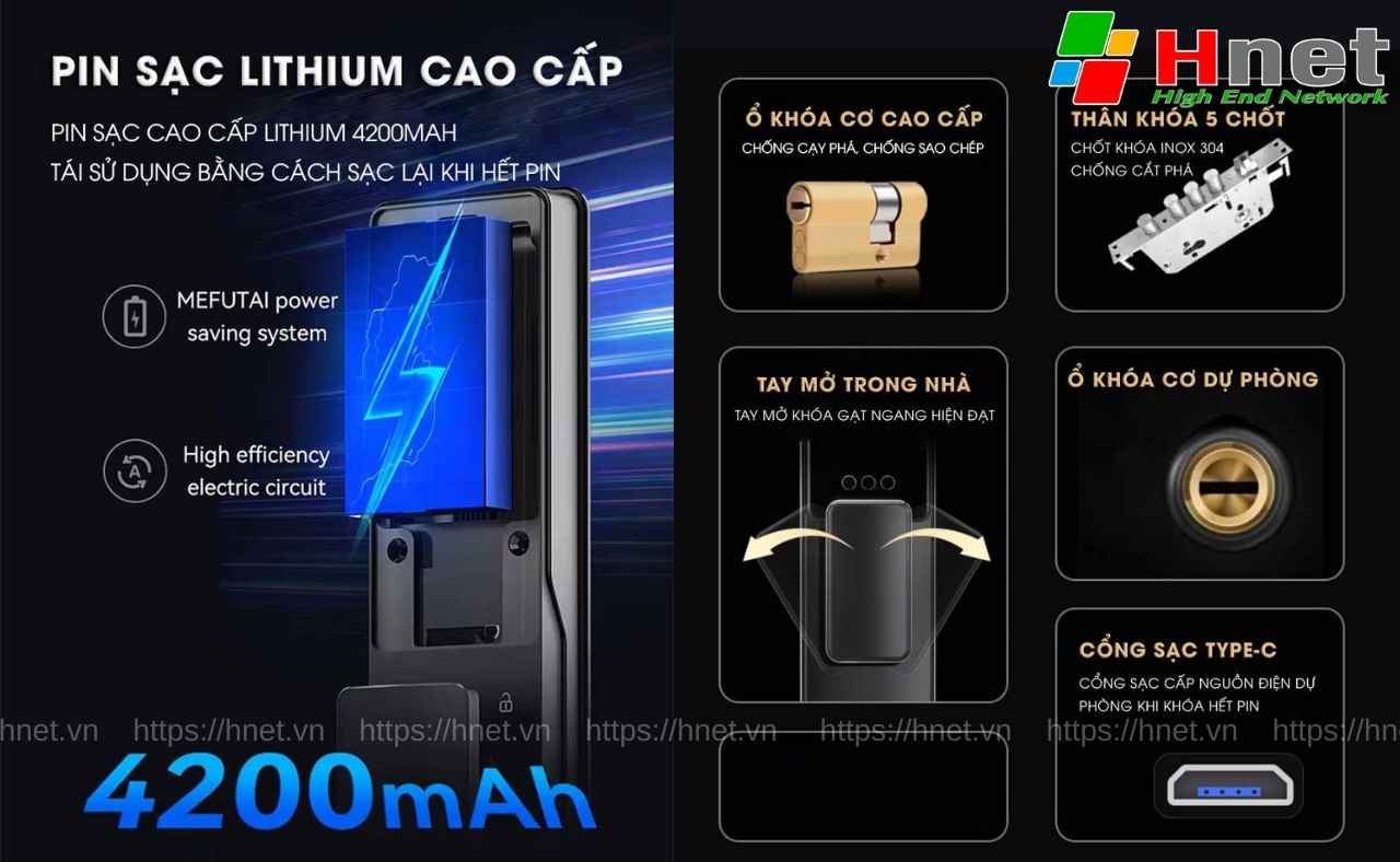 Khoá Kitos KT được trang bị pin sạc Lithium cao cấp