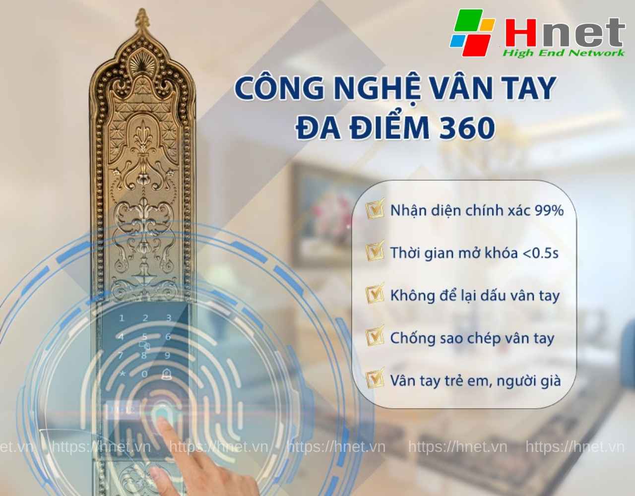 Khoá sử dụng công nghệ khoá vân tay đa điểm 360 độ